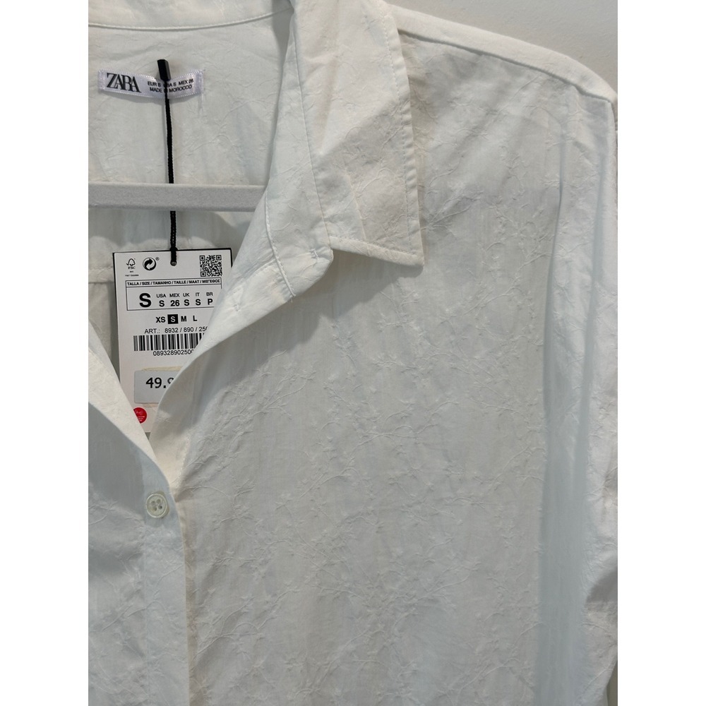 Zara White Floral Textured Longline Button Down Shirt Tunic 8932/890 Small NEW